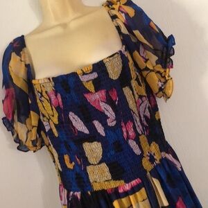 Woman’s Katy Ireland colorful stretchy spring abstract all over print maxi dress